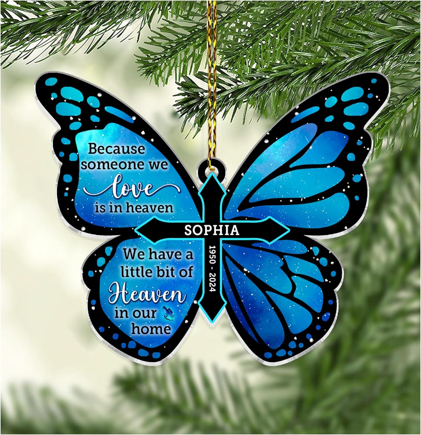 Blue Butterfly Memorial Cut Acrylic Ornament – Personalized Remembrance Gift with Custom Name and Years for Loss of Loved One, Bereavement