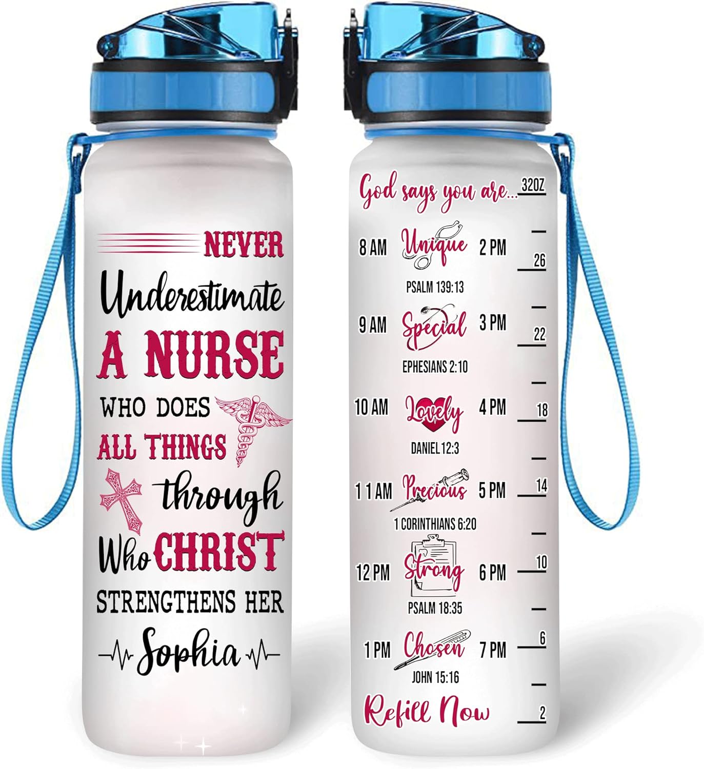 Inspirational Nurse Water Bottle Tracker 32oz – Personalized Motivational Bottle with Time Marker – Perfect Gift for Nurses