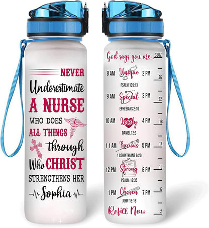 Inspirational Nurse Water Bottle Tracker 32oz – Personalized Motivational Bottle with Time Marker – Perfect Gift for Nurses