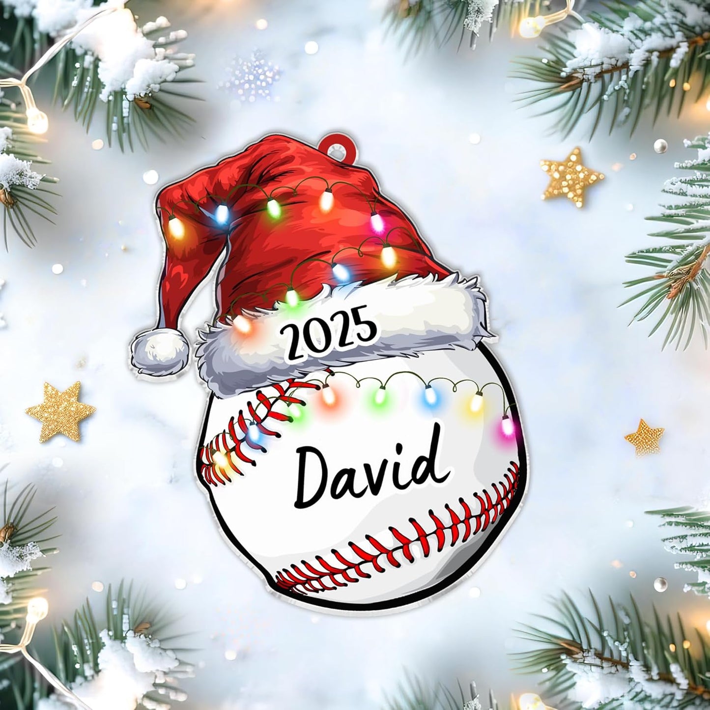 Baseball with Santa hat cut acrylic ornament – personalized 2D flat silhouette, custom name Christmas gift for player, coach, teammate or fan