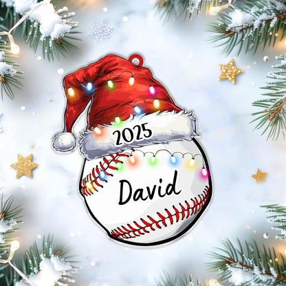 Baseball with Santa hat cut acrylic ornament – personalized 2D flat silhouette, custom name Christmas gift for player, coach, teammate or fan