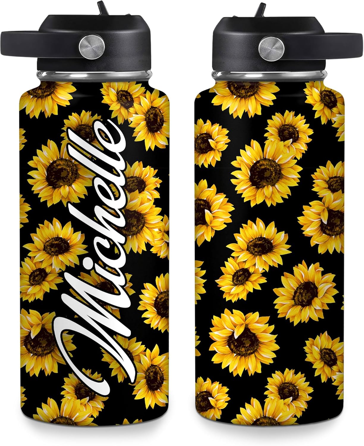 Sunflower Water Bottle 32oz – Travel Insulated Stainless Steel Bottle with Leak-Proof Lid – Custom Yellow Floral Gift for Women & Girls