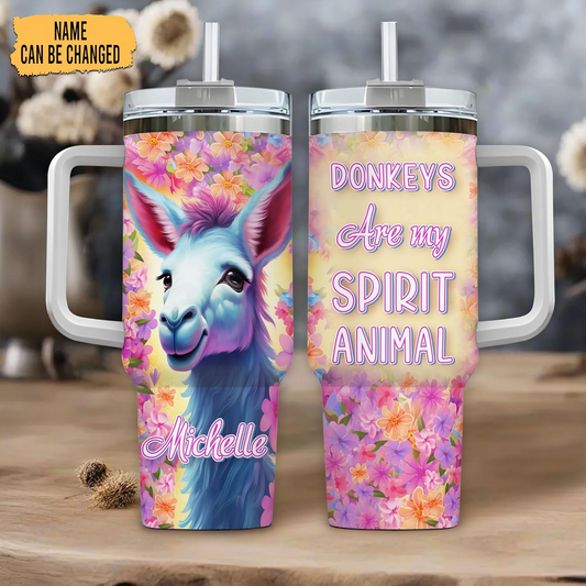Donkey Tumbler 40oz with Handle & Straw – Personalized Stainless Steel Cup with Lid – Cute Farm Animal Gift for Women & Kids