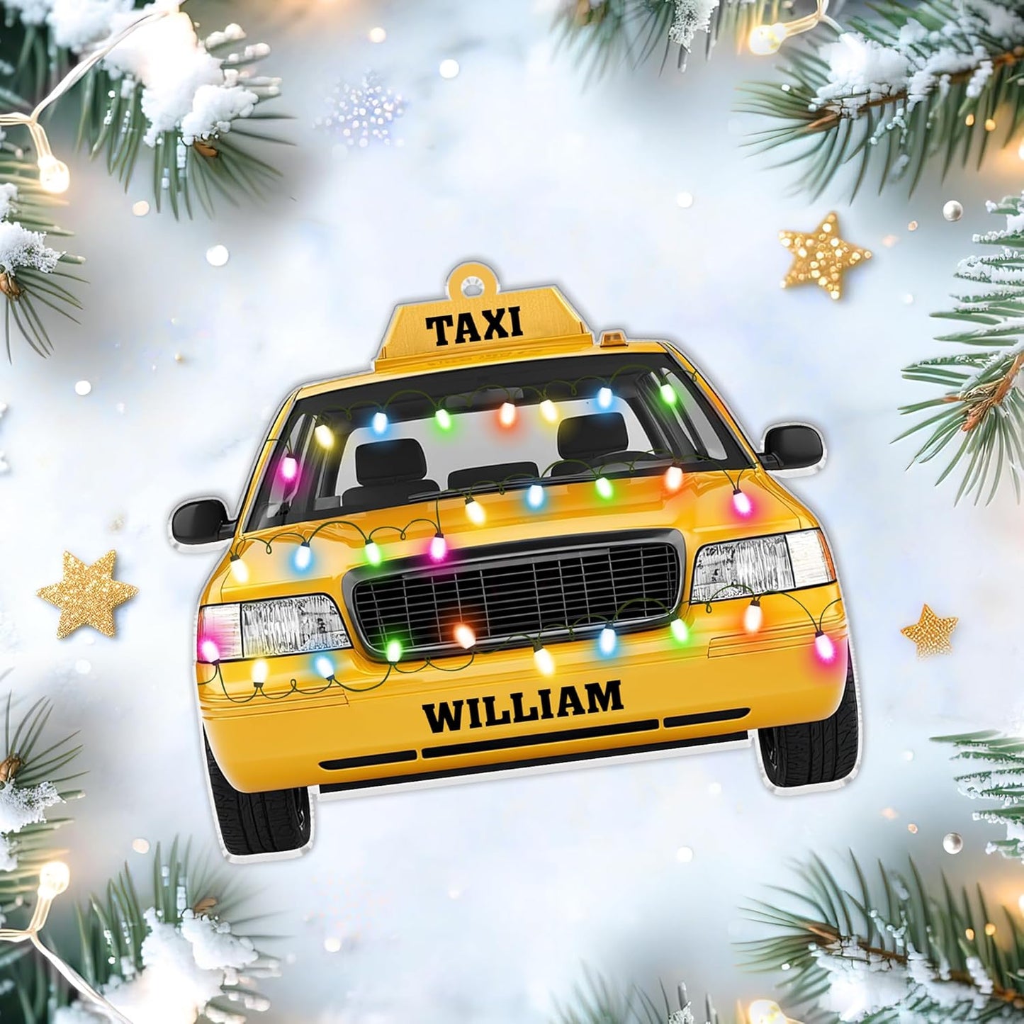 Taxi cab with festive lights cut acrylic ornament – personalized 2D flat silhouette, custom name Christmas keepsake gift for taxi driver appreciation or retirement