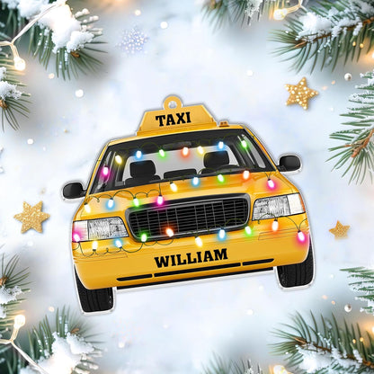 Taxi cab with festive lights cut acrylic ornament – personalized 2D flat silhouette, custom name Christmas keepsake gift for taxi driver appreciation or retirement