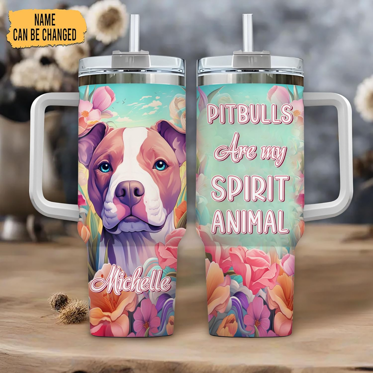Pitbull Spirit Animal Tumbler 40oz – Personalized Stainless Steel Insulated Cup with Handle & Straw – Stylish Gift for Dog Lovers