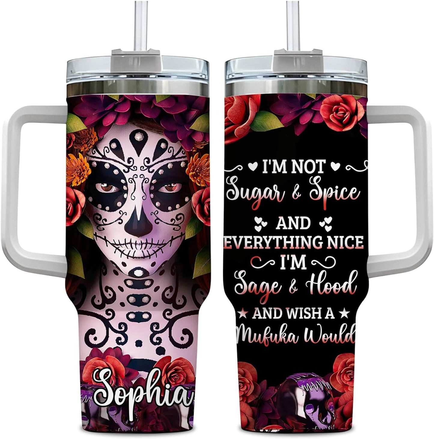 Sugar Skull Tumbler 40oz – Personalized Stainless Steel Insulated Cup with Handle & Straw, Leak-Proof Lid – Artistic Gothic Gift for Day of the Dead Lovers