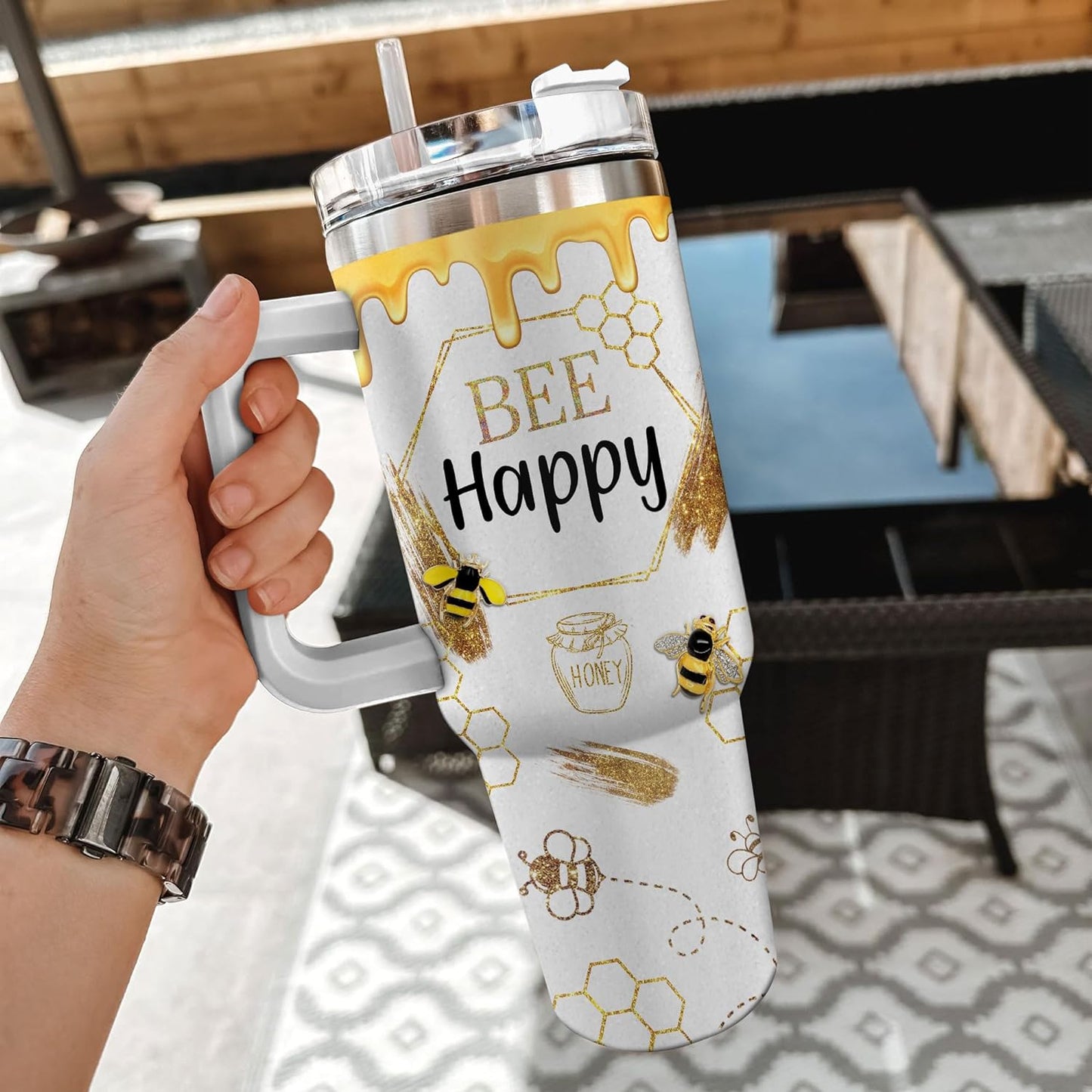 Bee & Honeycomb Tumbler 40oz with Handle & Straw – Personalized Stainless Steel Insulated Travel Cup with Lid – Unique Gift for Bee Lovers