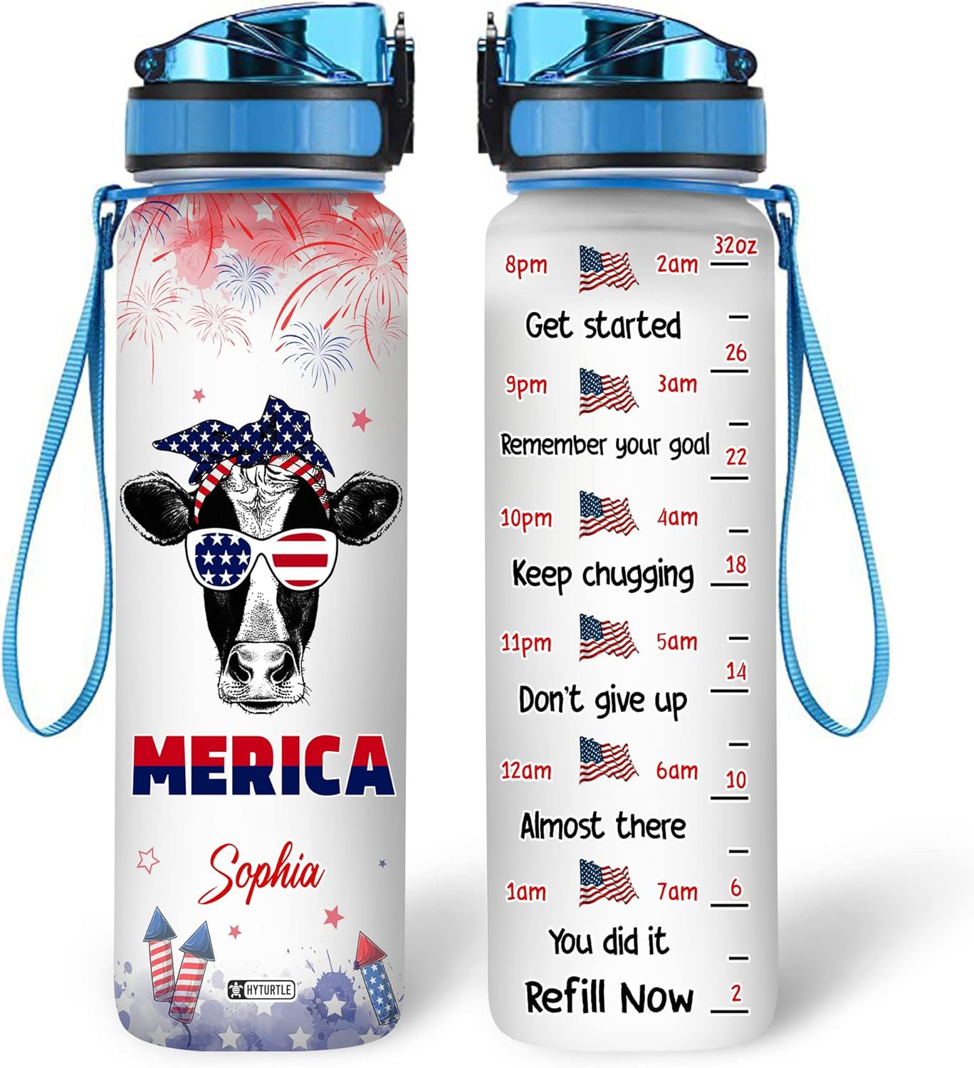 Cow American Flag - Personalized Water Tracker Bottle 32oz