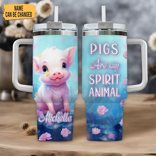 Pig Lover Tumbler 40oz with Handle & Straw – Personalized Stainless Steel Insulated Travel Cup with Lid – Cute Birthday & Christmas Gift for Animal Lovers