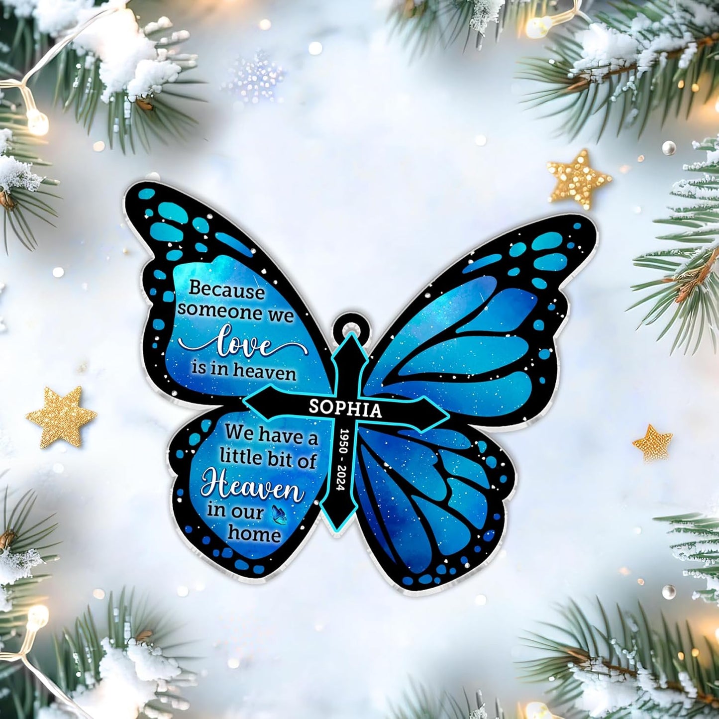 Blue Butterfly Memorial Cut Acrylic Ornament – Personalized Remembrance Gift with Custom Name and Years for Loss of Loved One, Bereavement