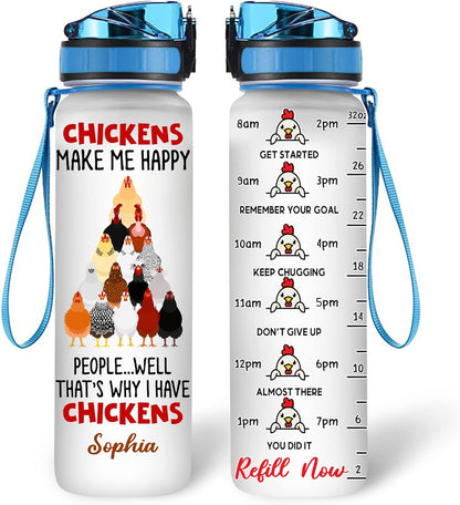 Chickens Make Me Happy Water Bottle Tracker 32oz – Personalized Funny Gift for Farm Animal Lovers & Women