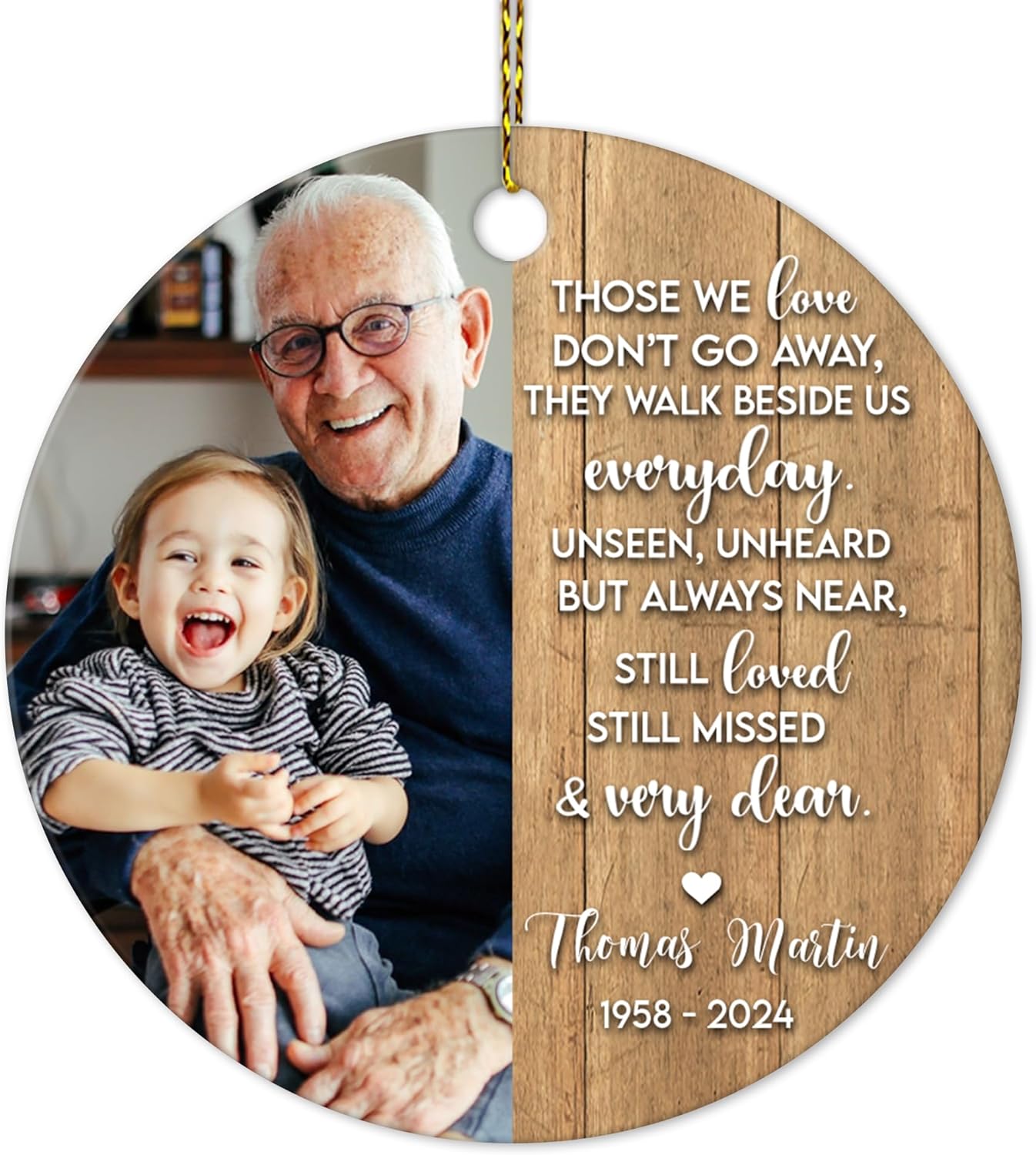 Wood-Tone Quote and Photo Memorial Ceramic Circle Ornament – Personalized Remembrance Christmas Gift for Family, Friends or Caregivers