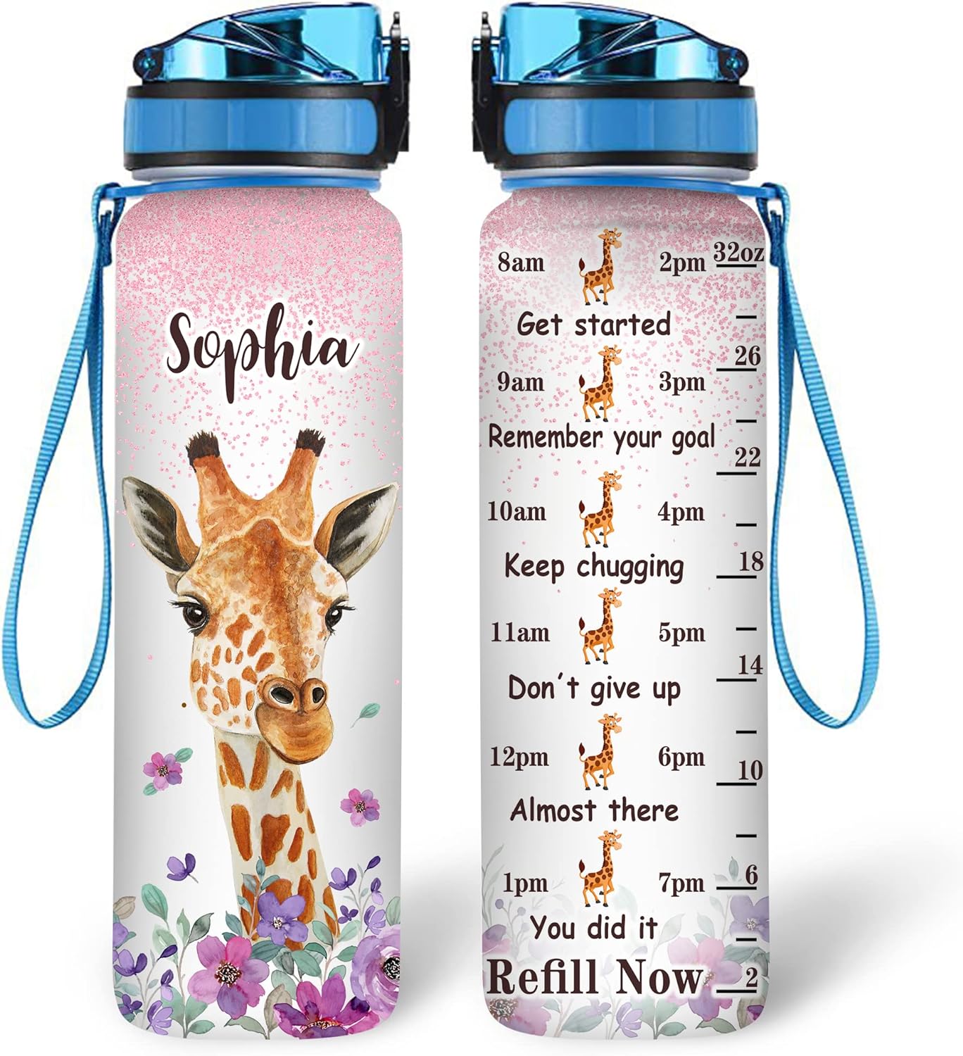 Giraffe Face Water Bottle Tracker 32oz – Personalized Motivational Hydration Bottle with Time Marker – Cute Gift for Giraffe Lovers