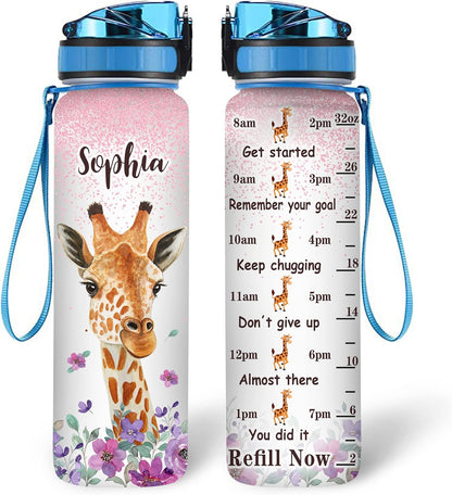 Giraffe Face Water Bottle Tracker 32oz – Personalized Motivational Hydration Bottle with Time Marker – Cute Gift for Giraffe Lovers