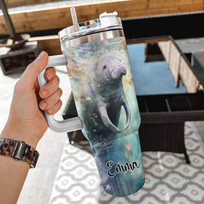 Manatee Lover Tumbler 40oz with Handle & Straw – Personalized Stainless Steel Insulated Travel Cup with Lid – Cute Sea Animal Gift for Women & Girls
