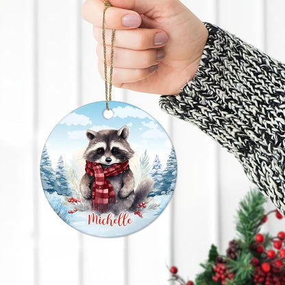 Winter Raccoon Scarf Ceramic Ornament – Personalized Name, Custom Christmas Gift for Women, Animal Lover or Woodland Cabin Decor