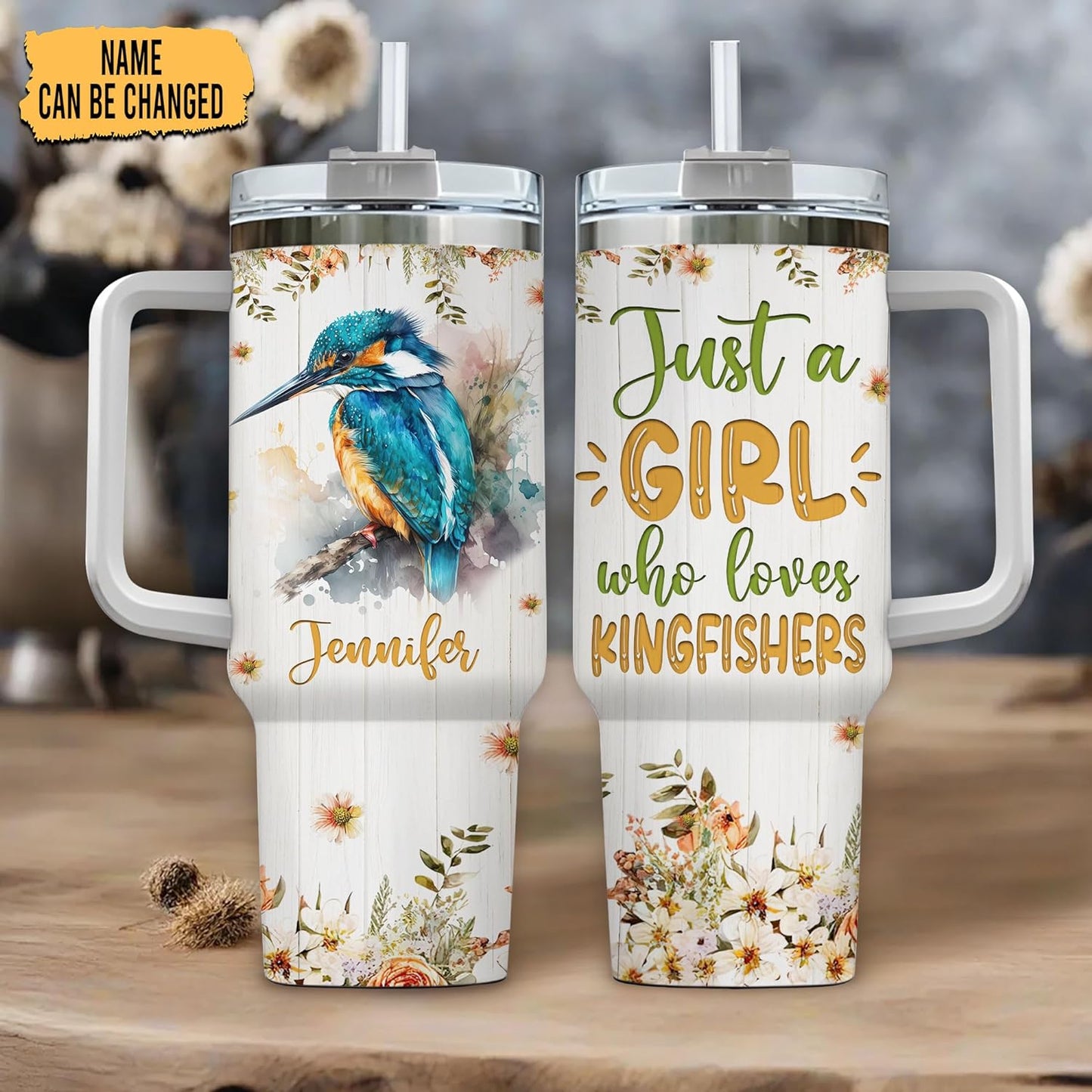 Kingfisher Tumbler 40oz – Personalized Stainless Steel Insulated Travel Cup with Handle & Straw – Artistic Bird Mug Gift for Women & Girls