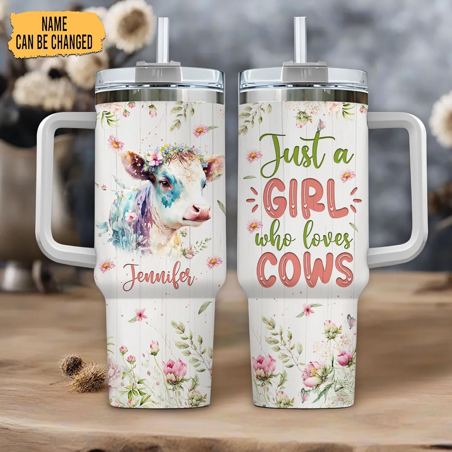 Cow Lover Tumbler 40oz – Personalized Stainless Steel Insulated Travel Cup with Handle & Straw – Farm Animal Gift for Women & Girls