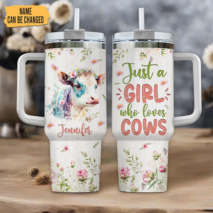 Cow Lover Tumbler 40oz – Personalized Stainless Steel Insulated Travel Cup with Handle & Straw – Farm Animal Gift for Women & Girls