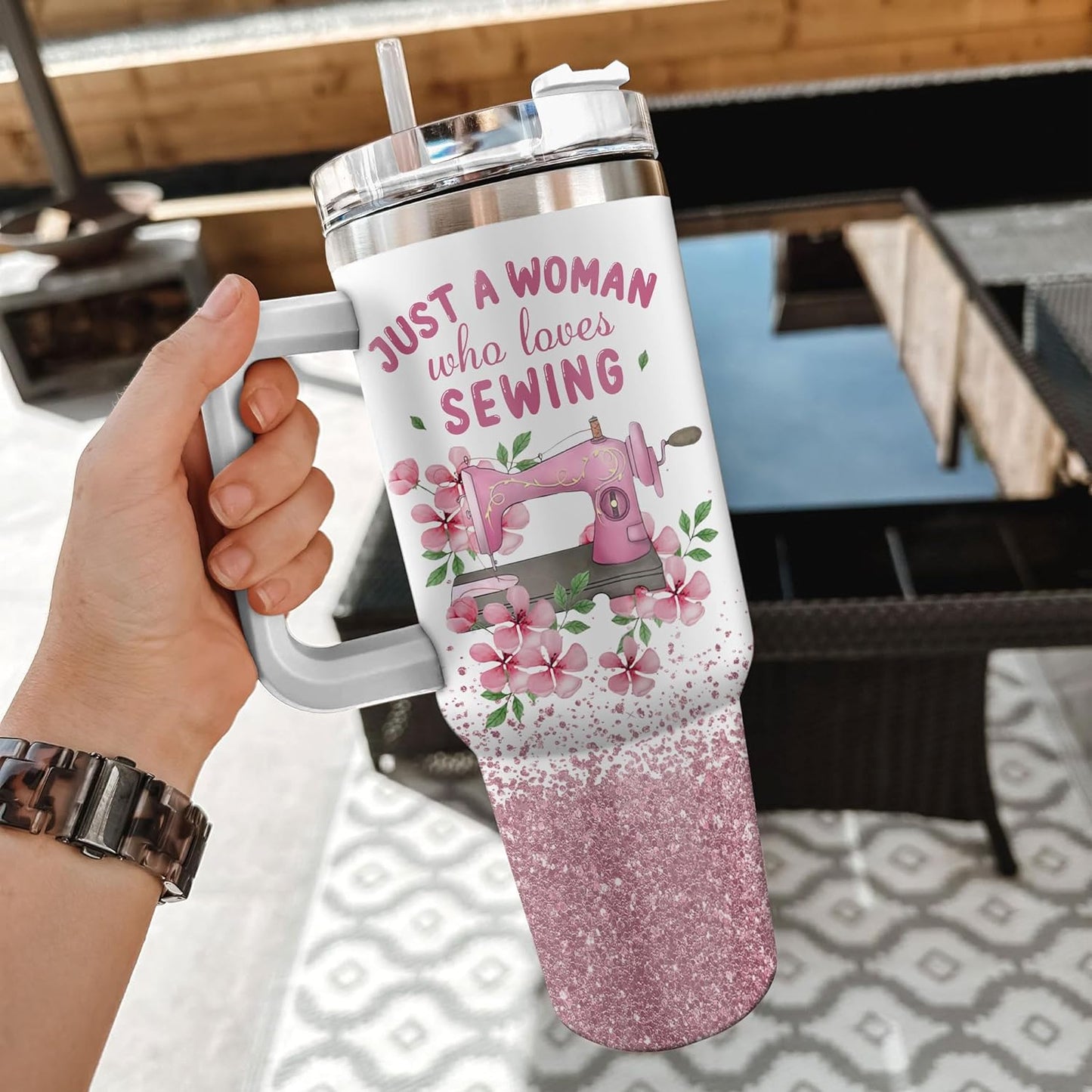 Pink Sewing Tumbler 40oz with Handle & Straw – Personalized Stainless Steel Insulated Travel Cup with Lid – Creative Gift for Sewing Lovers