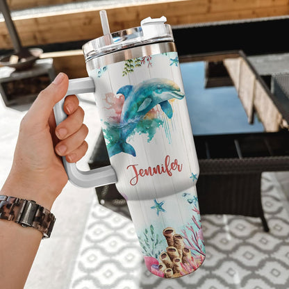 Watercolor Dolphin 40oz Tumbler with Handle & Straw – Personalized Stainless Steel Insulated Travel Cup with Lid – Unique Gift for Ocean Lovers