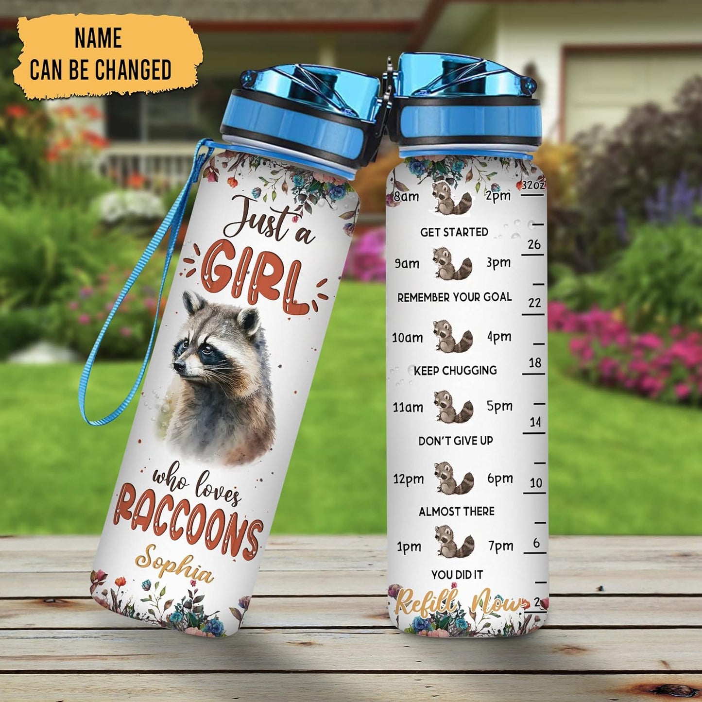 Raccoon Lovers Water Bottle Tracker 32oz – Personalized Motivational Bottle with Time Marker – Creative Gift for Animal Lovers