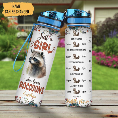 Raccoon Lovers Water Bottle Tracker 32oz – Personalized Motivational Bottle with Time Marker – Creative Gift for Animal Lovers