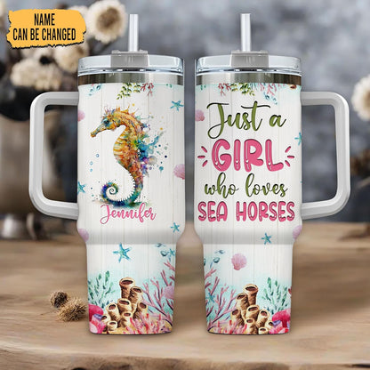 Colorful Seahorse 40oz Tumbler with Handle & Straw – Personalized Stainless Steel Insulated Travel Cup with Lid – Unique Marine Gift for Women