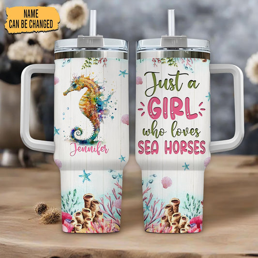 Colorful Seahorse 40oz Tumbler with Handle & Straw – Personalized Stainless Steel Insulated Travel Cup with Lid – Unique Marine Gift for Women