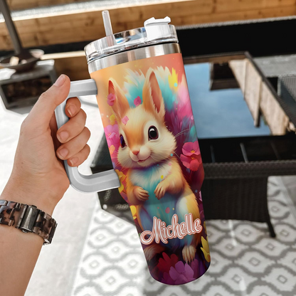 Colorful Squirrel Tumbler 40oz with Handle & Straw – Personalized Stainless Steel Cup with Lid – Cute Animal Gift for Women & Kids