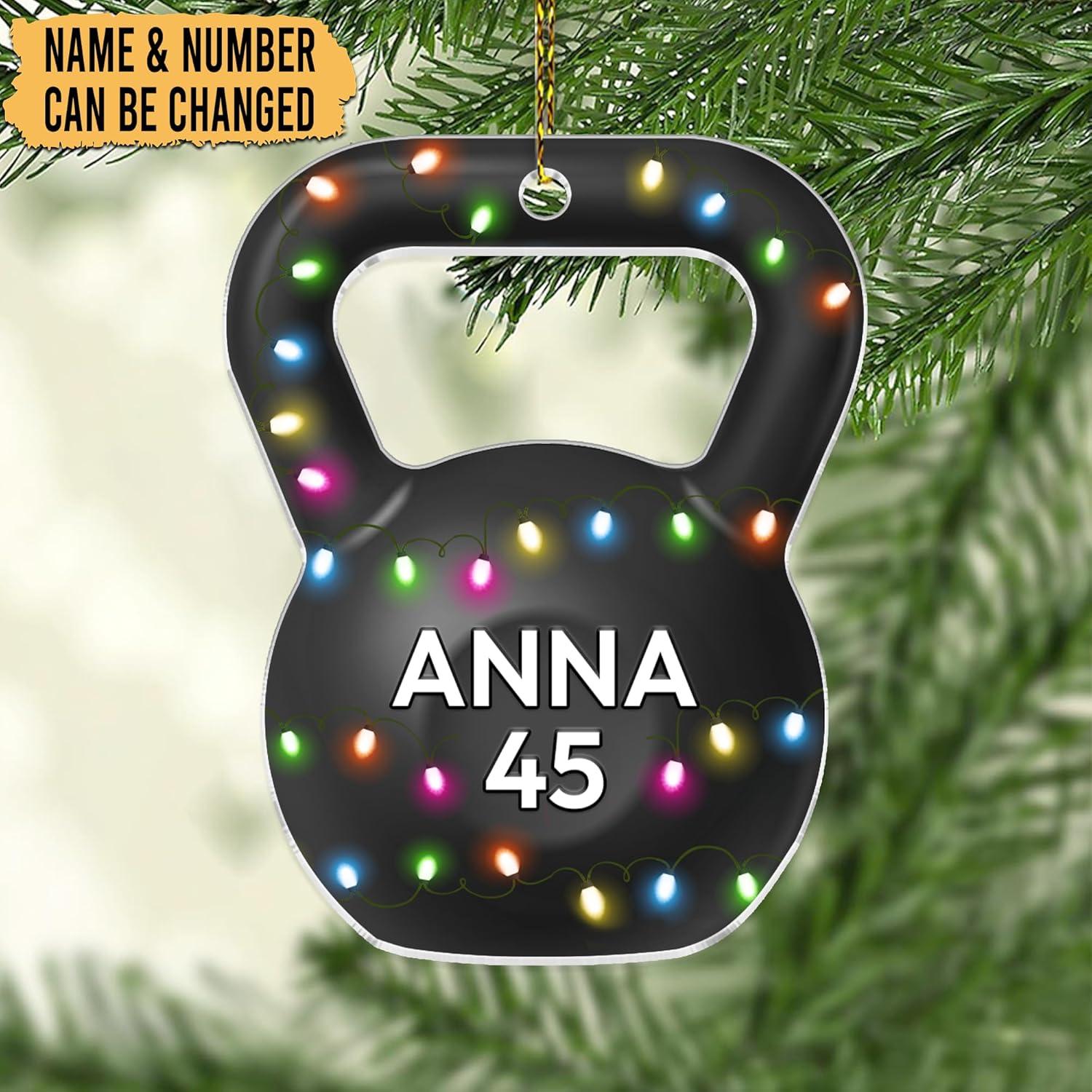 Kettlebell with festive lights cut acrylic ornament – personalized 2D flat silhouette, custom name Christmas gift for lifter, trainer or fitness friend