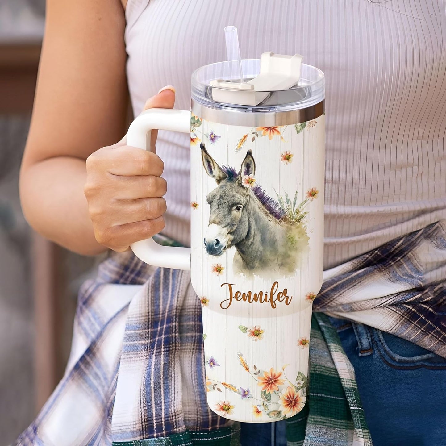 Donkey Lover Tumbler 40oz with Handle & Straw – Personalized Stainless Steel Insulated Travel Cup with Lid – Unique Gift for Animal Lovers