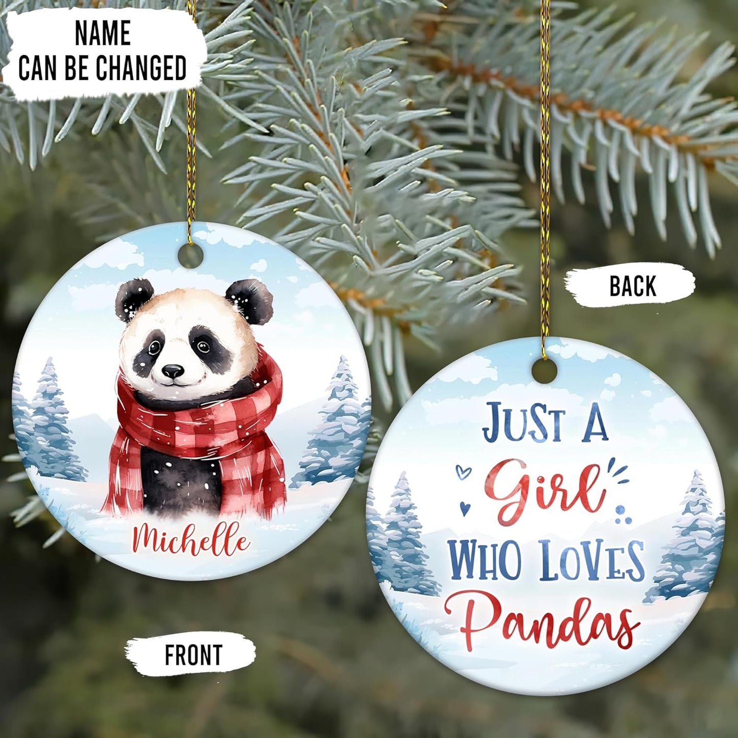 Panda Winter Scarf Ceramic Circle Ornament – Personalized Christmas Gift for Panda Lover, Cute Animal Tree Decor Keepsake for Her