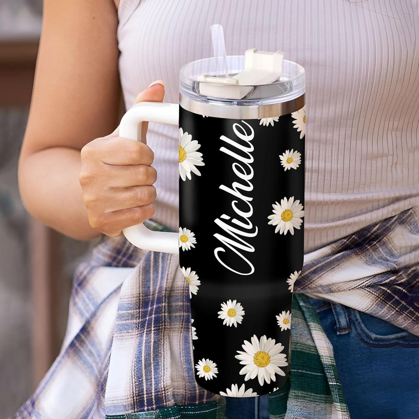 Daisy Flower Tumbler 40oz with Handle & Straw – Personalized Stainless Steel Insulated Travel Cup with Lid – Stylish Floral Gift for Women & Mom