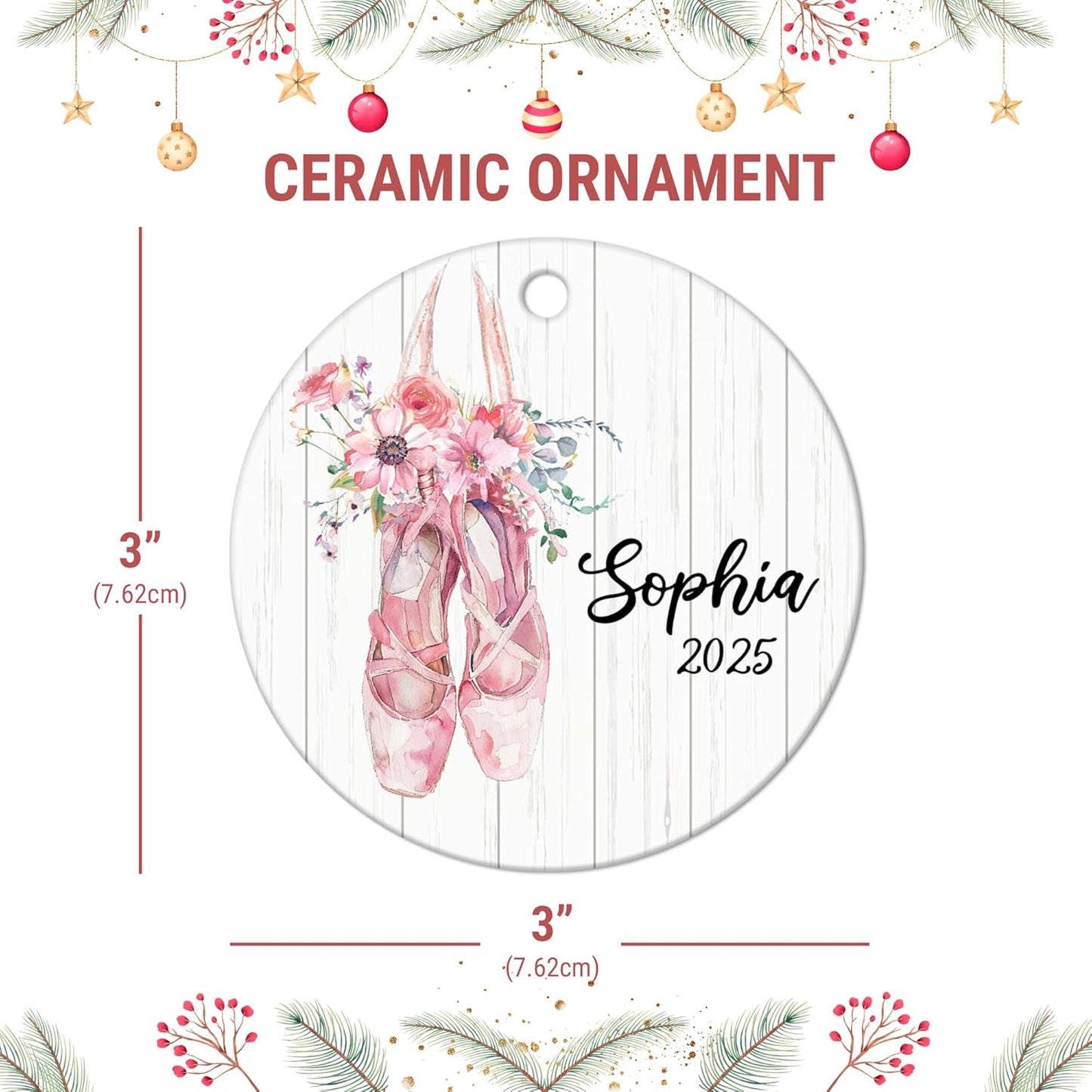 Ballet Pointe Shoes with Florals Ceramic Ornament – Personalized Name, Custom Christmas Gift for Ballerina Girl, Dance Student or Teacher