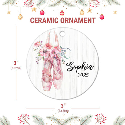 Ballet Pointe Shoes with Florals Ceramic Ornament – Personalized Name, Custom Christmas Gift for Ballerina Girl, Dance Student or Teacher
