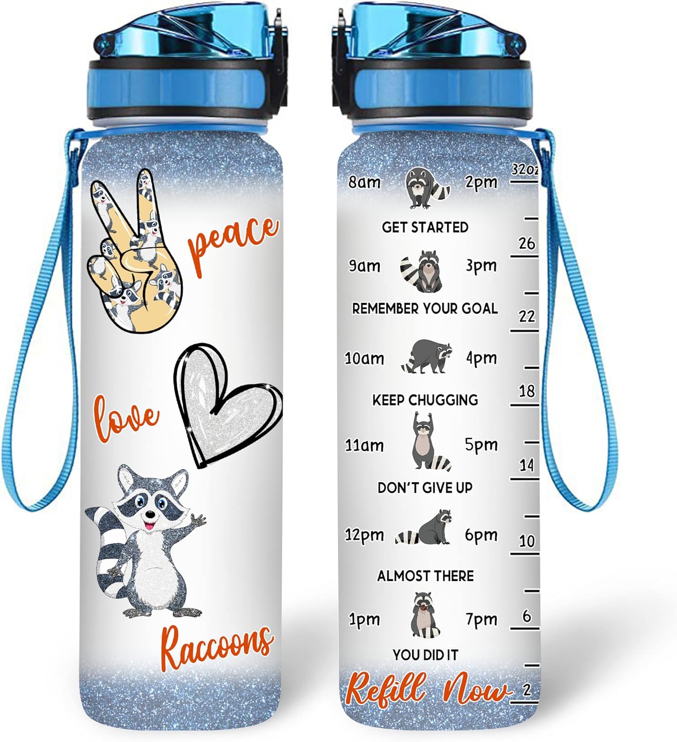 Cute Raccoons Water Bottle Tracker 32oz – Personalized Animal Lover Hydration Bottle with Time Marker – Fun Gift for Women Girls