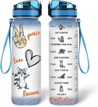 Cute Raccoons Water Bottle Tracker 32oz – Personalized Animal Lover Hydration Bottle with Time Marker – Fun Gift for Women Girls