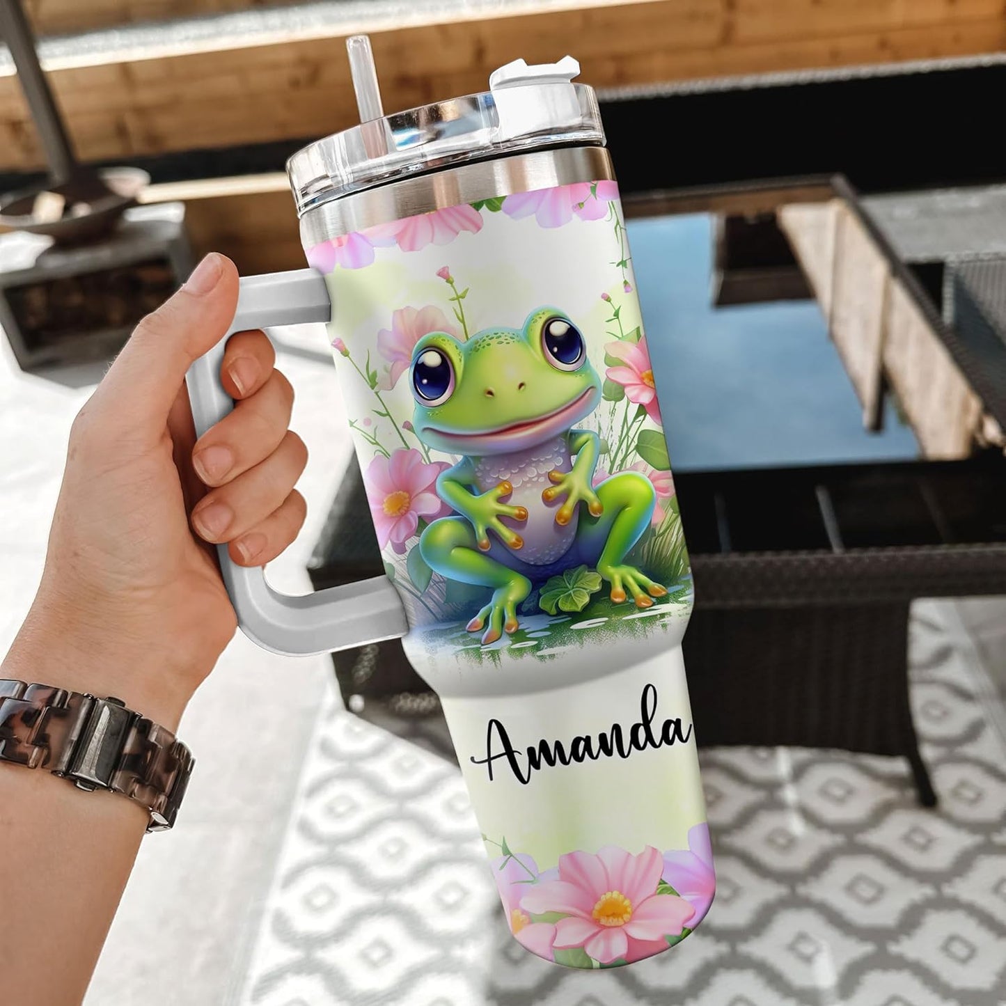 Frog Spirit Animal Tumbler 40oz – Personalized Stainless Steel Insulated Travel Cup with Handle & Straw – Unique Gift for Frog Lovers