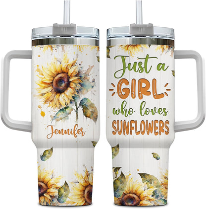 Watercolor Sunflower 40oz Tumbler with Handle & Straw – Personalized Stainless Steel Insulated Travel Cup with Lid – Stylish Floral Gift for Women