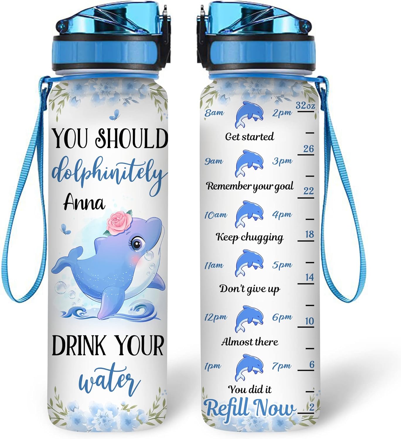 Dolphin Lovers Water Bottle Tracker 32oz – Personalized Daily Bottle with Time Marker – Cute Gift for Women Girls