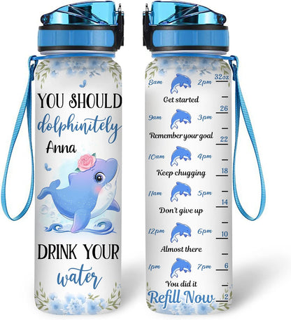 Dolphin Lovers Water Bottle Tracker 32oz – Personalized Daily Bottle with Time Marker – Cute Gift for Women Girls