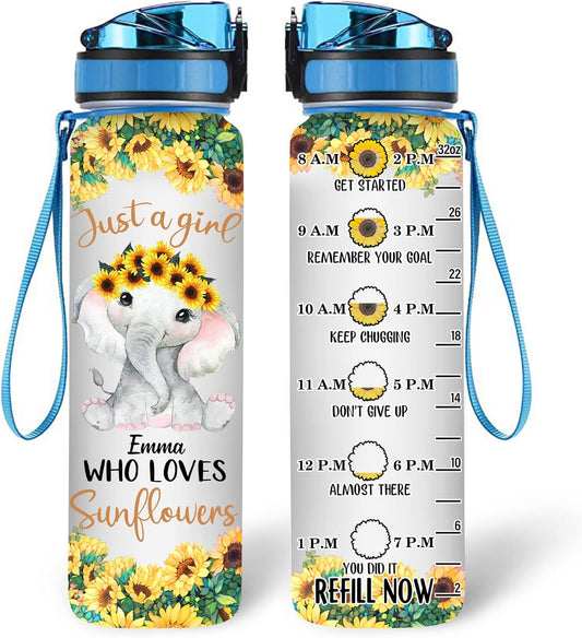Sunflower Elephant Water Bottle Tracker 32oz – Personalized Motivational Bottle with Time Marker – Bright Gift for Women