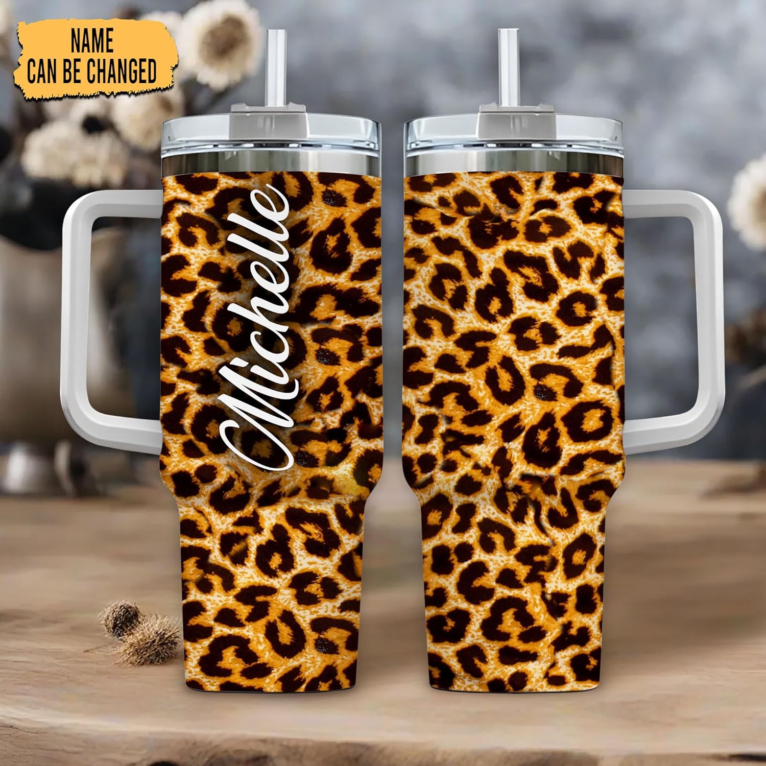Leopard Print Tumbler 40oz with Handle & Straw – Personalized Stainless Steel Insulated Travel Cup with Lid – Stylish Gift for Women