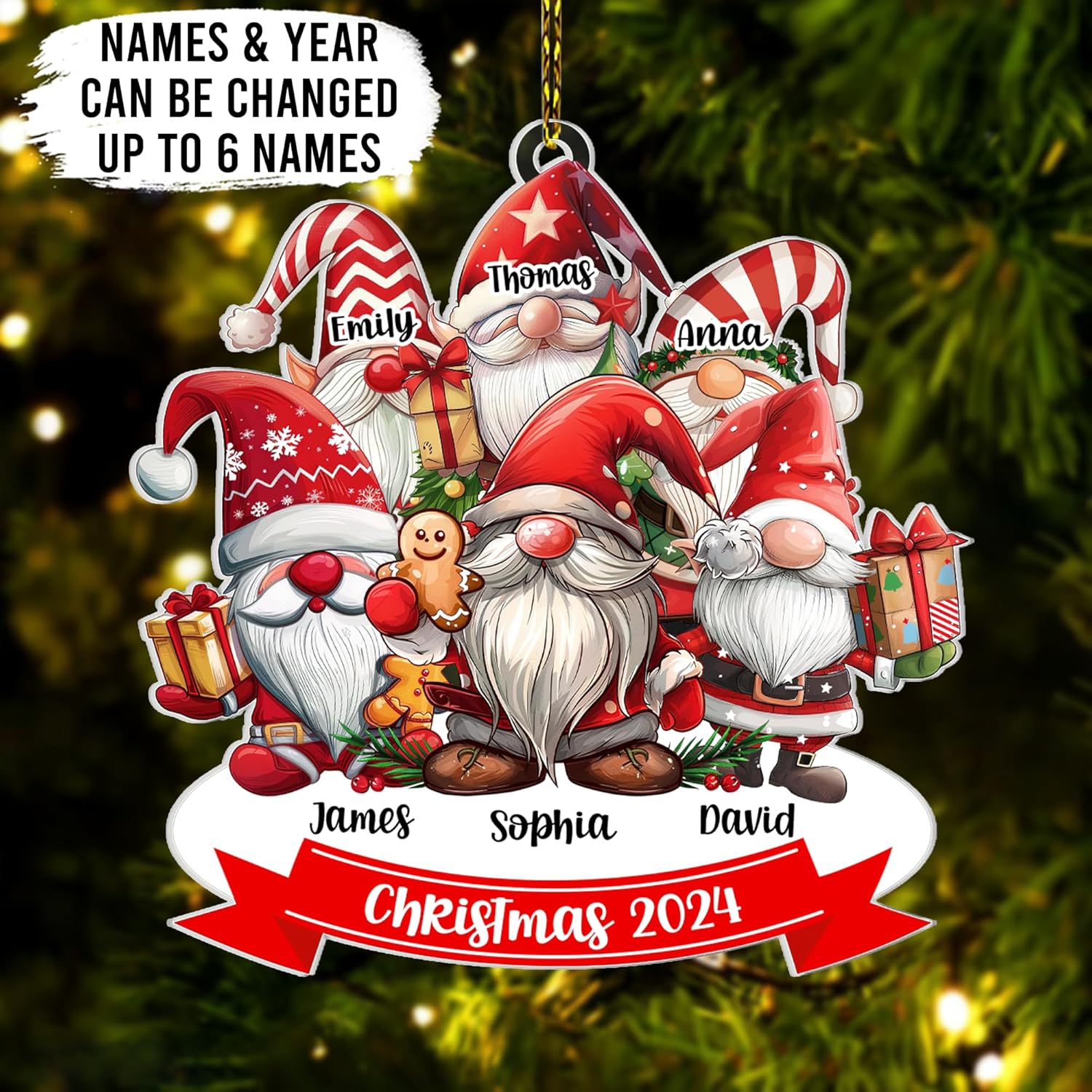 Family Gnome Personalized Acrylic Ornament – Custom 2024 Christmas Keepsake – Cute Holiday Gift for Families and Gnome Lovers