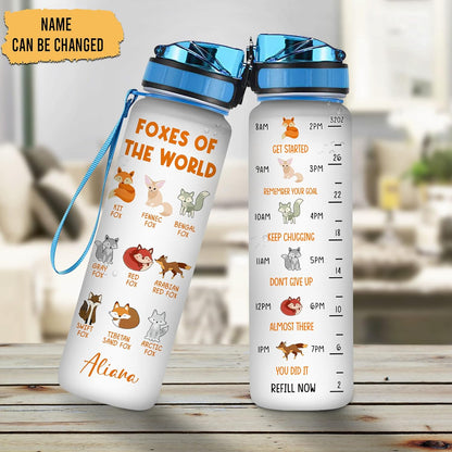 Foxes of the World Water Bottle Tracker 32oz – Personalized Animal Lover Gift for Fox Enthusiasts & Wildlife Fans