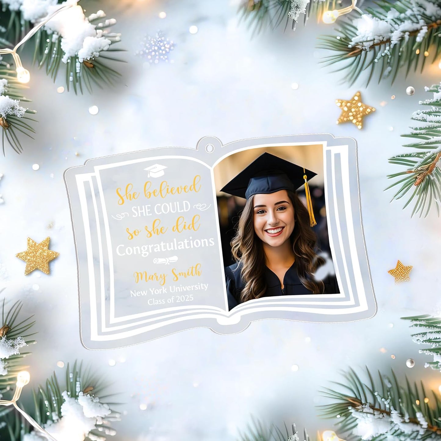 Open-Book Graduation Cut Acrylic Ornament – Personalized Photo Class of 2025 Gift for Graduate, Senior or Master’s Student, Commencement Tree Keepsake