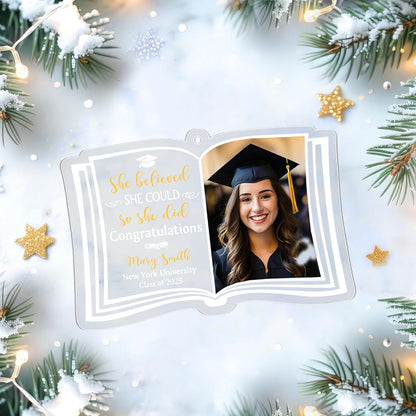 Open-Book Graduation Cut Acrylic Ornament – Personalized Photo Class of 2025 Gift for Graduate, Senior or Master’s Student, Commencement Tree Keepsake