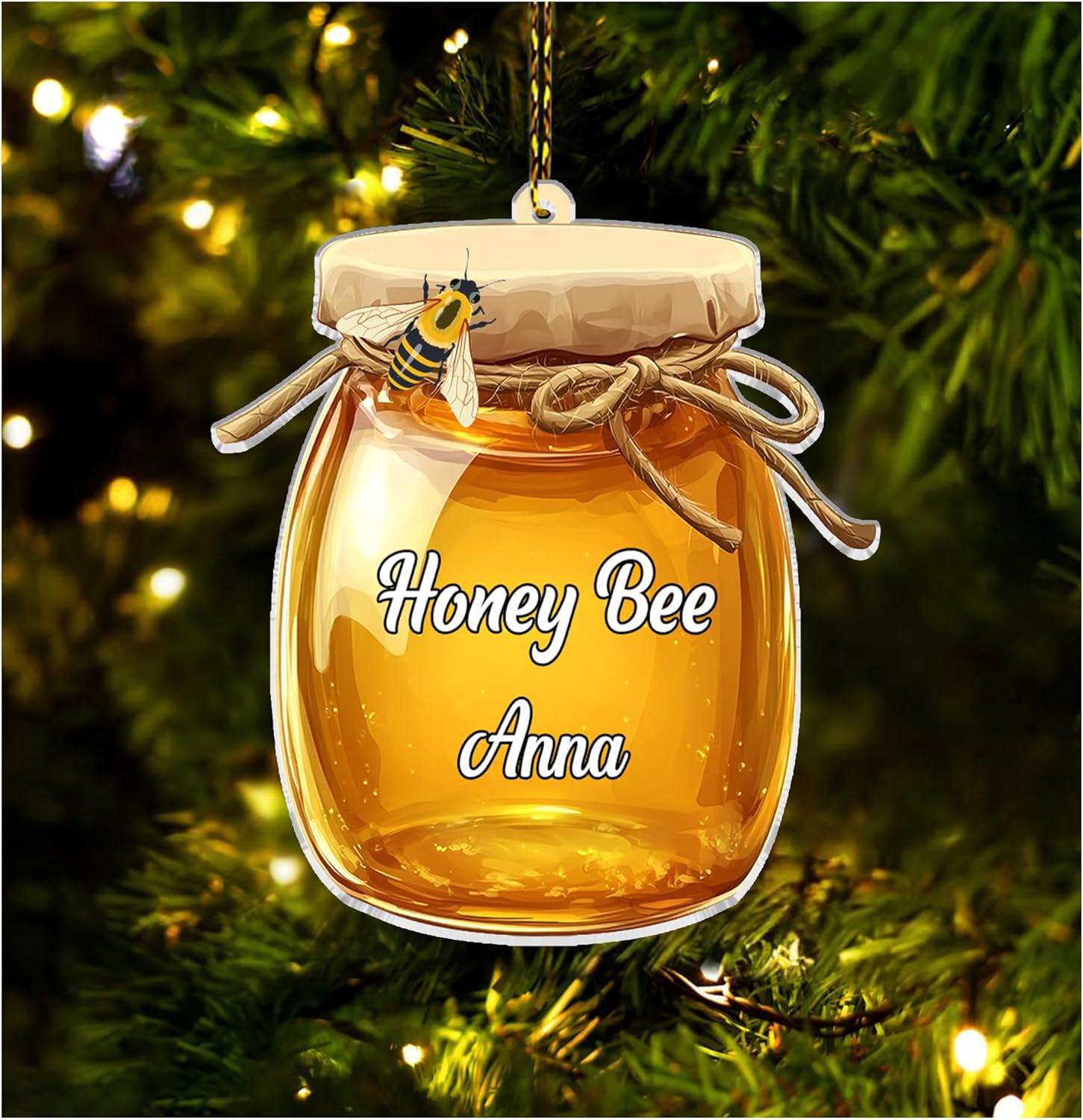 Honey Bee Jar Personalized Acrylic Ornament – Custom Name Beekeeper Keepsake – Sweet Christmas Gift for Nature and Honey Lovers